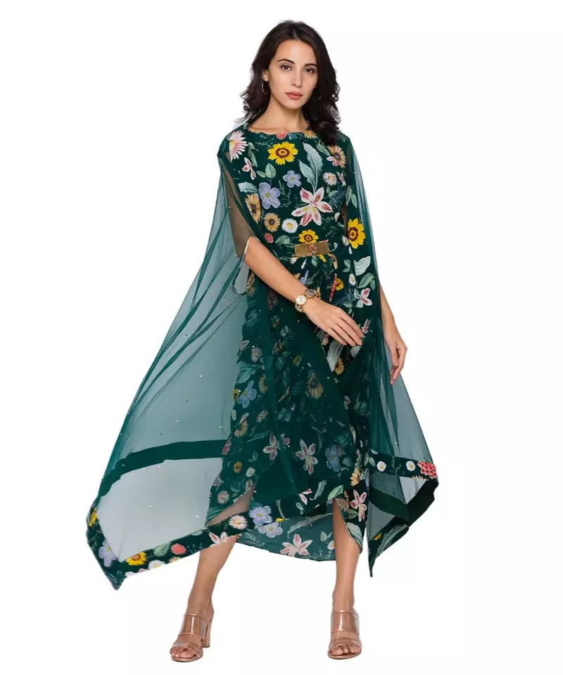 green  drape dress with side slit and golden belt with net cape