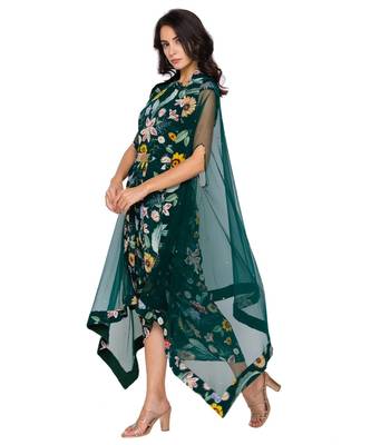 Green Drape Dress With Net Cape 3