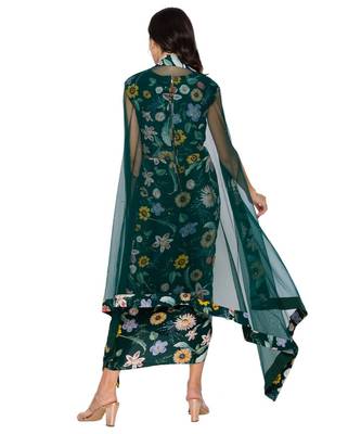 Green Drape Dress With Net Cape 4