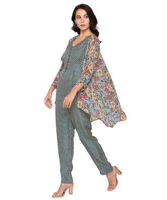 Green Printed Jumpsuit With Loop Buttons Paired Printed Jacket 1