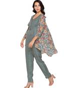 green  printed jumpsuit with loop buttons paired printed jacket