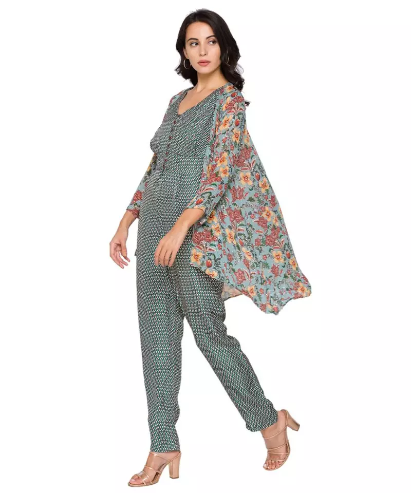 green  printed jumpsuit with loop buttons paired printed jacket