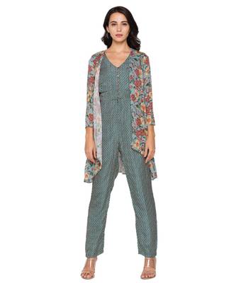 Green Printed Jumpsuit With Loop Buttons Paired Printed Jacket 2