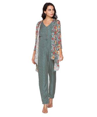 Green Printed Jumpsuit With Loop Buttons Paired Printed Jacket 3