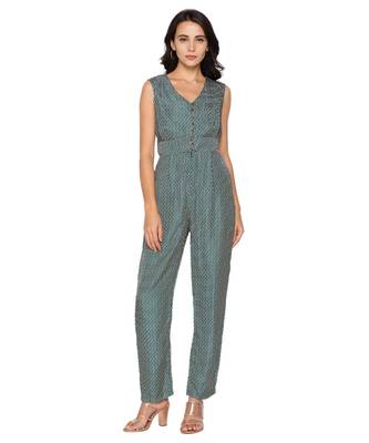 Green Printed Jumpsuit With Loop Buttons Paired Printed Jacket 5