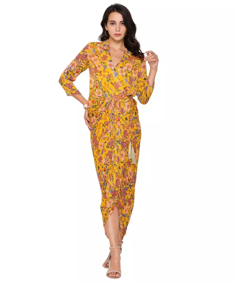 yellow  oveerlap sequence printed drape dress