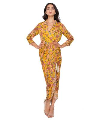 Yellow Overlap Sequence Printed Drape Dress 2