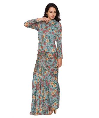 Green Printed Drape Skirt Paired With Printed Zipper Jacket 3