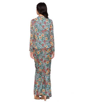 Green Printed Drape Skirt Paired With Printed Zipper Jacket 4