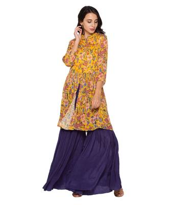 Yellow Printed Top With Gathers Paired With Sharara Pants 1