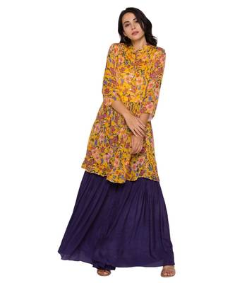 Yellow Printed Top With Gathers Paired With Sharara Pants 2
