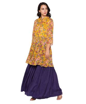 Yellow Printed Top With Gathers Paired With Sharara Pants 3