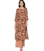 Beige Printed Kurta With Printed Pants