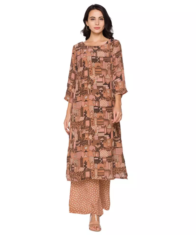 beige  printed kurta with printed pants