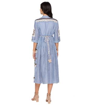 Blue Printed Tier Dress With Leather Cutwork Embroidery 2