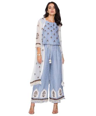 Blue Printed Top With Pants And Organze Jacket With Leather Cut Work Embroidery 1