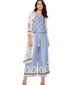 Blue Printed Top With Pants And Organze Jacket With Leather Cut Work Embroidery