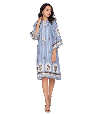 Blue Printed Short Dress With Leather Cutwork Embroidery 1