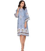 blue printed short dress with leather cutwork embroidery