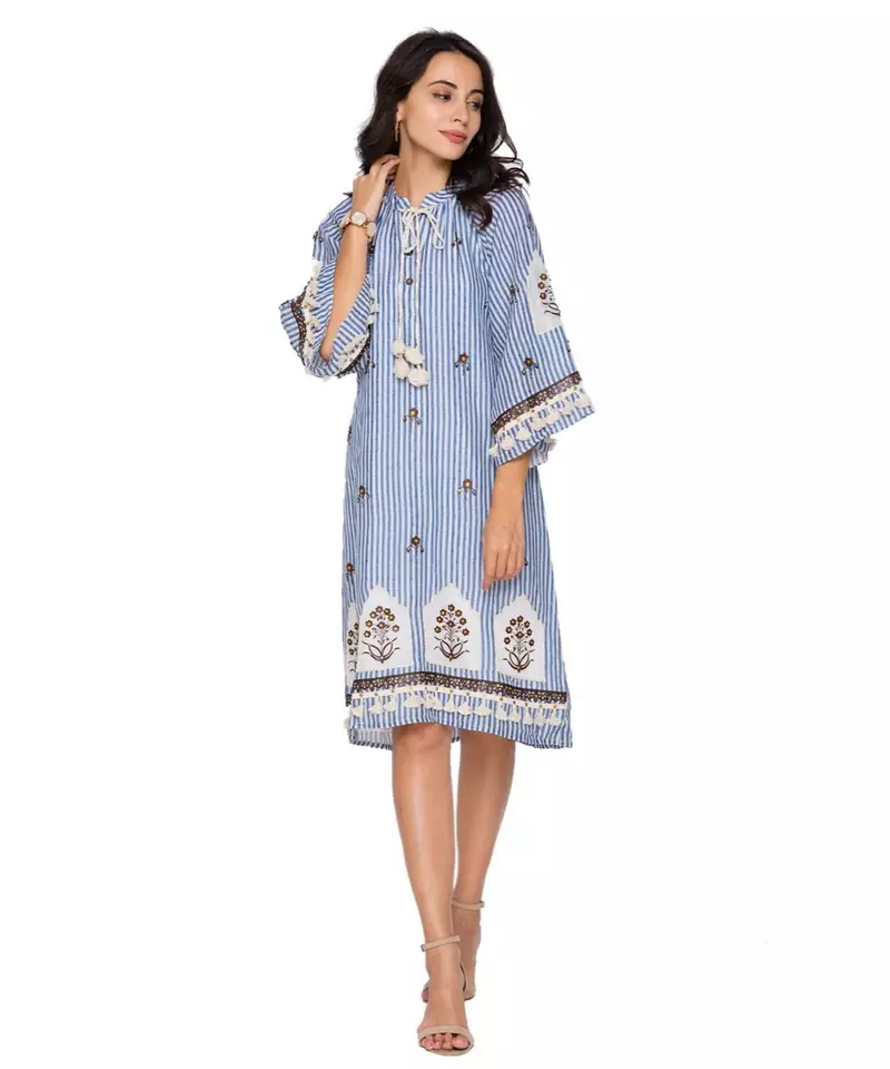 blue printed short dress with leather cutwork embroidery