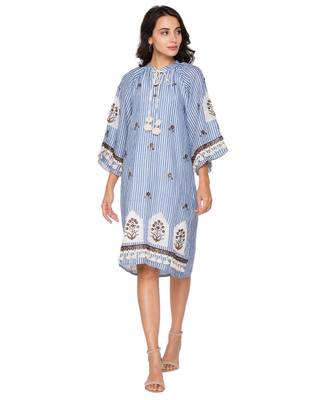 Blue Printed Short Dress With Leather Cutwork Embroidery 2