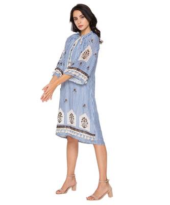 Blue Printed Short Dress With Leather Cutwork Embroidery 3