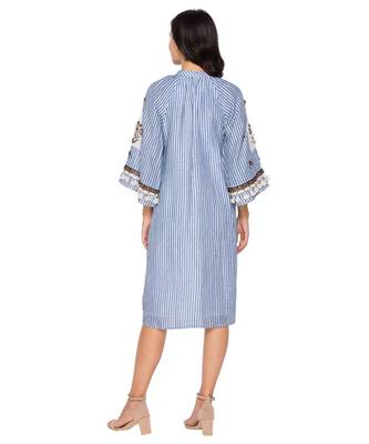 Blue Printed Short Dress With Leather Cutwork Embroidery 4