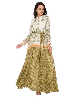 Yellow Printed Asymetrical Top Paired With Sharara Pants And Belt 1