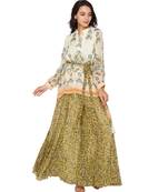 Yellow Printed Asymetrical Top Paired With Sharara Pants And Belt