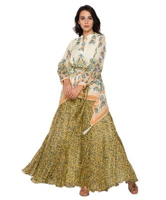 Yellow Printed Asymetrical Top Paired With Sharara Pants And Belt 2