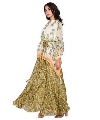 Yellow Printed Asymetrical Top Paired With Sharara Pants And Belt 3