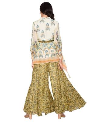Yellow Printed Asymetrical Top Paired With Sharara Pants And Belt 4