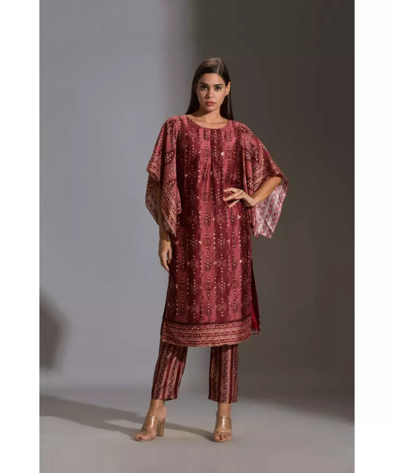 kurta with side slit and bell sleeves paired with printed pants