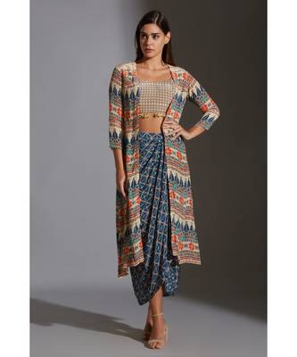 Printed Bustier With Tassel Detail Paired With Dhoti Drape Skirt And Jacket 1