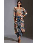 Printed Bustier With Tassel Detail Paired With Dhoti Drape Skirt And Jacket