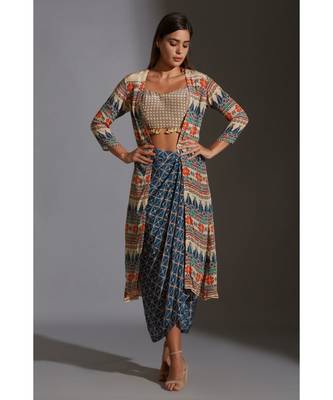 Printed Bustier With Tassel Detail Paired With Dhoti Drape Skirt And Jacket 2