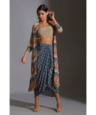 Printed Bustier With Tassel Detail Paired With Dhoti Drape Skirt And Jacket 3
