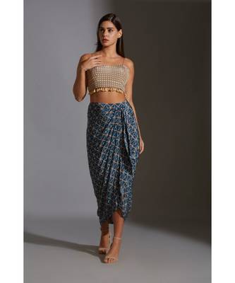 Printed Bustier With Tassel Detail Paired With Dhoti Drape Skirt And Jacket 5