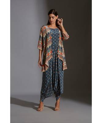 Printed Dhoti Jumpsuit Paired With Printed Jacket And Tassel Details 1