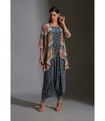 printed dhoti jumpsuit paired with printed jacket and tassel details