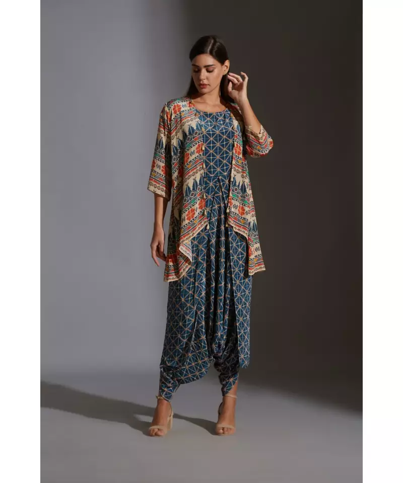 printed dhoti jumpsuit paired with printed jacket and tassel details