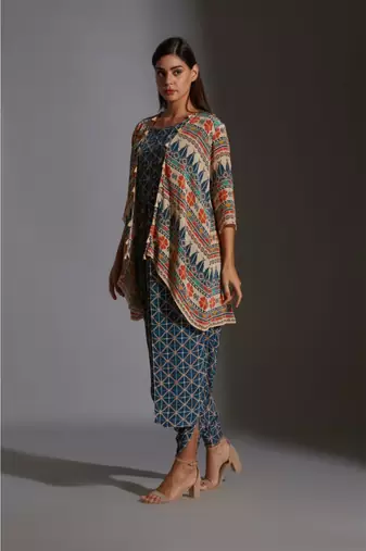 Printed Dhoti Jumpsuit Paired With Printed Jacket And Tassel Details