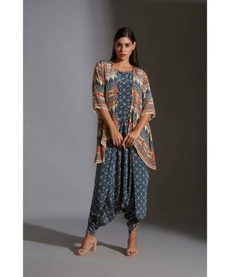 Printed Dhoti Jumpsuit Paired With Printed Jacket And Tassel Details 3