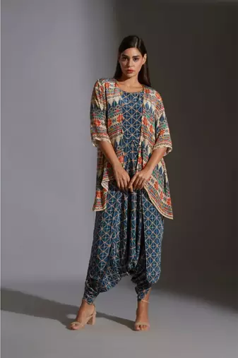 Printed Dhoti Jumpsuit Paired With Printed Jacket And Tassel Details