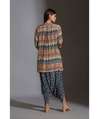 Printed Dhoti Jumpsuit Paired With Printed Jacket And Tassel Details 4