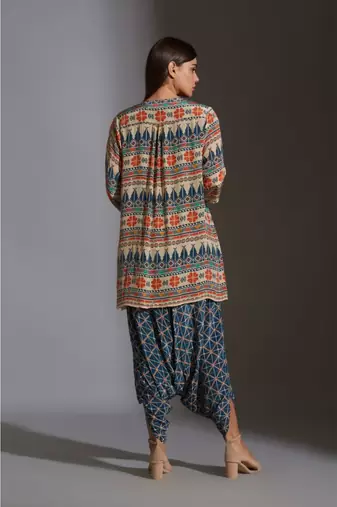 Printed Dhoti Jumpsuit Paired With Printed Jacket And Tassel Details