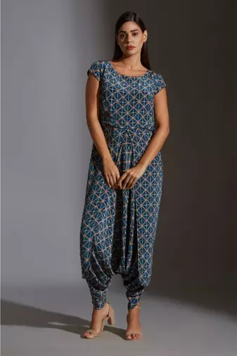 Printed Dhoti Jumpsuit Paired With Printed Jacket And Tassel Details