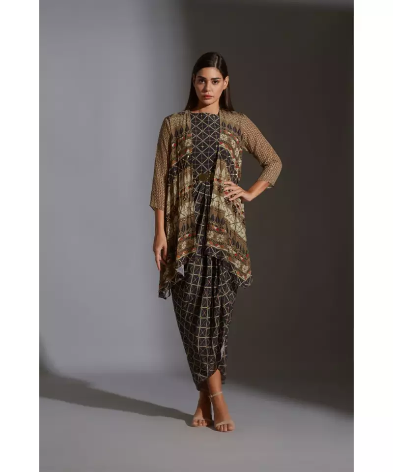 printed dhoti dress with side cuts paired with printed jacket.