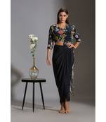 drape saree with cutwork embroidery paired with v neck blouse