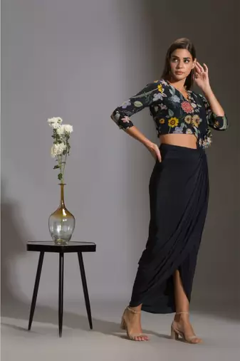 Black Drape Embroidered Saree  Set